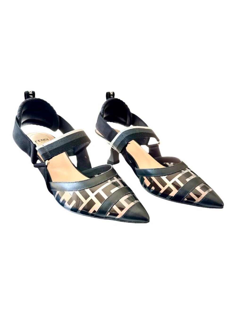 FENDI Colibri FF Black PVC Logo Pointed Toe Slingback Kitten Heel EU 37 US 7
